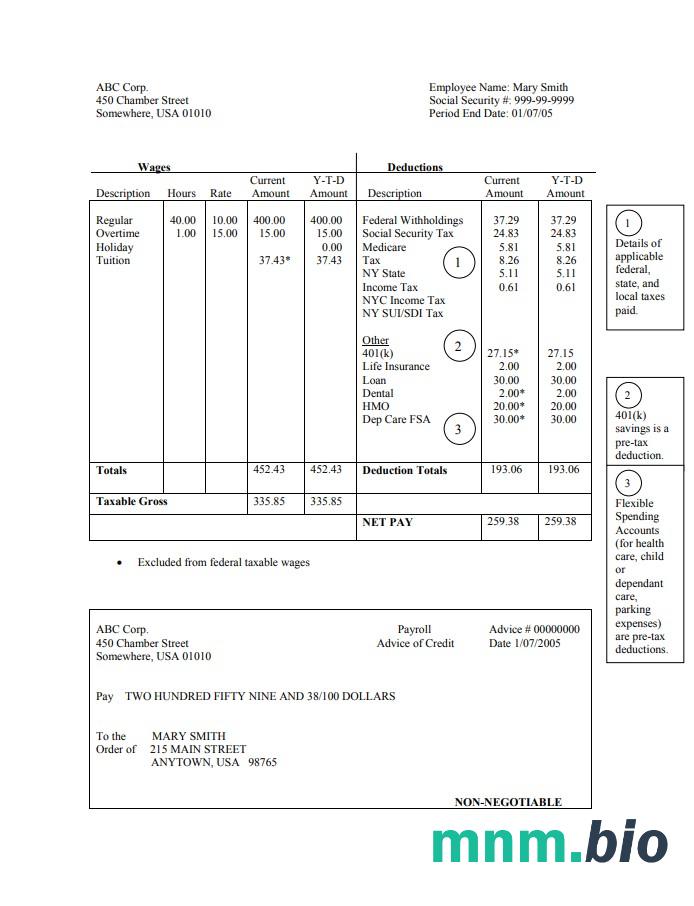 pracownik godzinowa Pay stub Word i PDF szablon